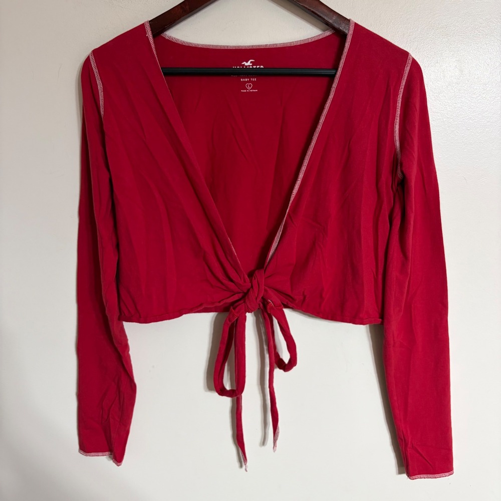 Hollister Red Long Sleeve Front Tie Crop Top Baby Tee Size L Contrast Stitch